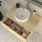 Meuble de salle de bain 1 tiroir avec vasque à poser ronde pena et miroir avec applique - bambou (chêne clair) - 80cm