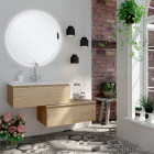 Meuble de salle de bain simple vasque -  2 tiroirs - pena et miroir rond led solen - bambou (chêne clair) - 120cm