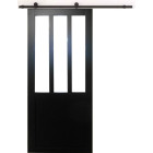 Porte coulissante atelier en enrobe noir  largeur 83 + rail en acier noir + 2 coquilles posees