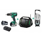 Lot HITACHI - HIKOKI Perceuse à percussion + Radio de chantier + Lampe tempête + 2 batteries 18V 5.0Ah, chargeur, coffret 