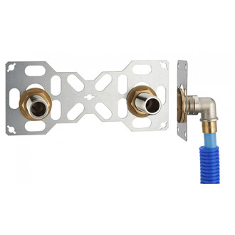 FIXSYSTEM double : kit complet de fixation d'un robinet mural entraxe 150 mm Coudes d'alimentation à glissement sur tube PER NOYON & THIEBAULT - Ø 16 mm, sortie mâle 3/4' (20x27) - 3310-16PL1