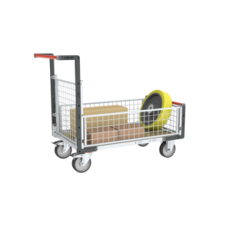 Chariot modulaire grillagé 1 dossier et 3 demi-ridelles plateau bois 1000 x 600 mm roues rectangle 500 kg - 806724546