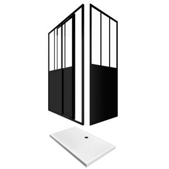 Pack porte coulissante 140x200 + paroi retour et panneau aluminium composite + receveur 140x90 Aurlane - FAC418