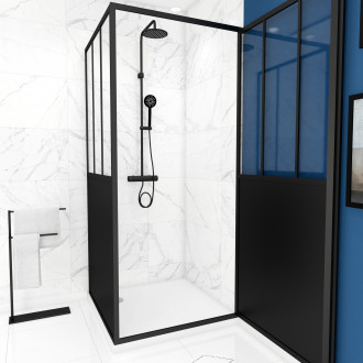 Pack complet paroi porte de douche pivotante et paroi de retour type atelier et receveur blanc effet pierre - 80x200cm - profile noir mat - verre transparent 5mm - workshop 80 + paroi retour workshop side 80 + receveur moon square 80 Aurlane - FAC423
