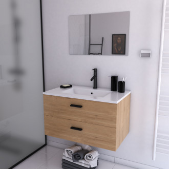 Meuble salle de bain 80 cm monté suspendu decor bois h46xl80xp45cm - avec tiroirs - vasque et miroir - box-in 80 wood Aurlane - LAV575