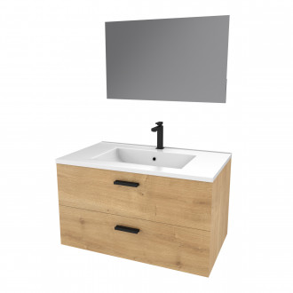 Meuble salle de bain 80 cm monté suspendu decor bois h46xl80xp45cm - avec tiroirs - vasque et miroir - box-in 80 wood Aurlane - LAV575