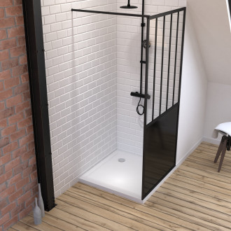 Pack paroi de douche 90x200 cm noir mat - verre trempe 5 mm + receveur a poser extra plat 90x90 Aurlane - PACF055