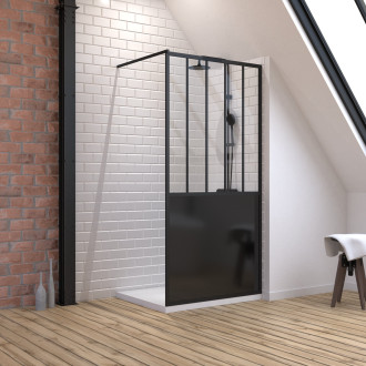 Pack paroi de douche 100x200 cm noir mat - verre trempe 5 mm + receveur a poser rectangle Aurlane - PACF056