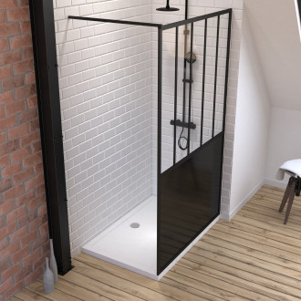 Pack paroi de douche 120x200 cm noir mat + receveur a poser rectangle blanc - finition pierre Aurlane - PACF064