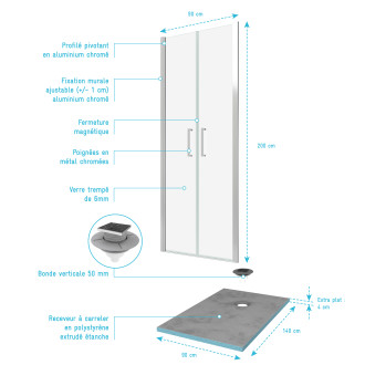 Pack paroi de douche 90x200 cm + receveur de douche a carreler 90x140 recoupable Aurlane - PACF080