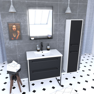Pack meuble de salle de bain 80x50 noir - 2 tiroirs + vasque resine blanche + miroir + colonne Aurlane - PACM024