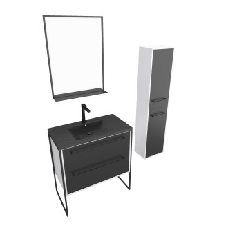 Ensemble meuble de salle de bain 80x50 cm - vasque noir effet pierre + colonne noir mat + miroir Aurlane - PACM031