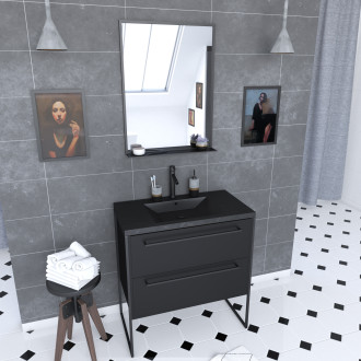 Meuble de salle de bain 80x50 cm - 2 tiroirs noir mat + vasque résine noire effet pierre + miroir Aurlane - PACM062