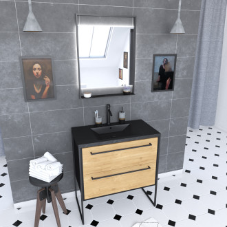 Pack meuble de salle de bain 80x50cm noir mat - 2 tiroirs chêne brun - vasque noir effet pierre et miroir led noir mat - structura p072 Aurlane - PACM072