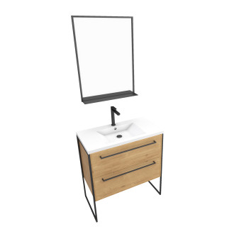 Meuble de salle de bain 80x50cm - vasque blanche - 2 tiroirs finition chêne naturel + miroir Aurlane - PACM100