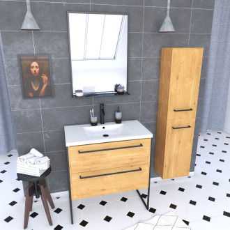 Meuble de salle de bain 80x50cm - vasque blanche - tiroirs finition chêne naturel + colonne + miroir Aurlane - PACM102