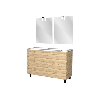 Meuble salle de bains 120cm 6 tiroirs chêne industriel + vasque blanche et miroirs avec appliques led - TIMBER Aurlane - PACM304