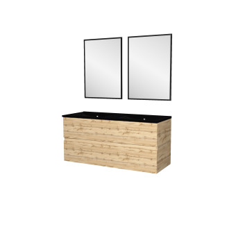 Meuble salle de bains 120cm 4 tiroirs chêne industriel + vasque noire et miroirs rectangulaires Aurlane - PACM305