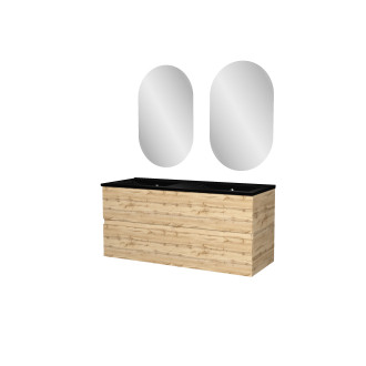 Meuble salle de bains 120cm 4 tiroirs chêne industriel + vasque noire et miroirs ovales Aurlane - PACM311