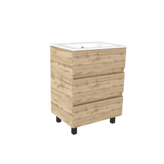 Meuble de salle de bains 60cm 3 tiroirs_chêne industriel + vasque céramique blanche - timber 60 Aurlane - PACM606