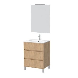 Pack meuble salle de bains 60cm chêne clair 3 tiroirs, vasque, miroir 60x80 et réglette led - xenos Aurlane - PACM619