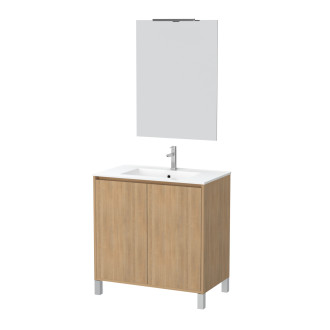 Pack meuble salle de bains 80cm chêne clair 2 portes, vasque, miroir 60x80 et réglette led - xenos Aurlane - PACM623