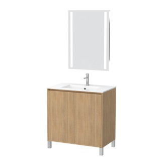 Pack meuble salle de bains 80cm chêne clair 2 portes, vasque, miroir 60x80 à leds intégrées - xenos Aurlane - PACM624
