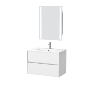Pack meuble salle de bains 80cm blanc 2 tiroirs, vasque, miroir 60x80 à leds intégrées - xenos Aurlane - PACM626