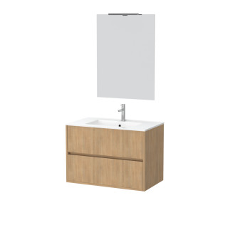 Pack meuble salle de bains 80cm chêne clair 2 tiroirs, vasque, miroir 60x80 et réglette led - xenos Aurlane - PACM627