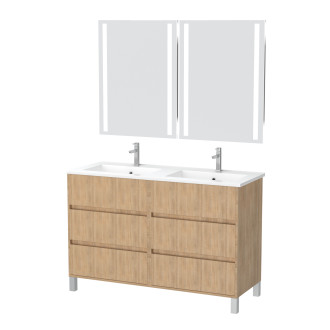 Meuble salle de bains 120 cm chêne clair 6 tiroirs, vasque, miroirs 60x80 à leds intégrées - xenos Aurlane - PACM644