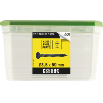 Vis ESSBOX SCELL-IT Plaque de plâtre - Ø3,5 mm x 50 mm - Boite de 500 - EX-5211501 Vis ESSBOX SCELL-IT Plaque de plâtre - Ø3,5 mm x 50 mm - Boite de 500 - EX-5211501