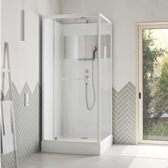 Cabine de douche carrée 90x90cm porte pivotante - Blanche - Bande Effet Miroir - SQUARE STRIPE Aurlane - CAB293