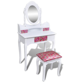 Coiffeuse Table Mirroir + Tabouret Motif Fleurs