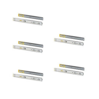 Lot de 5 jeux de coulisses pour tiroirs, roulement à billes, hauteur 45mm, profondeur 400mm, à sortie totale, avec push, fermeture amortie, zingué