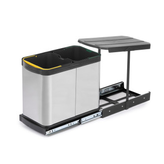Bac à recyclage pour montage inférieur et extraction manuelle/automatique dans les éléments de cuisine, Inox 2x12 litres plastique et acier inoxydable