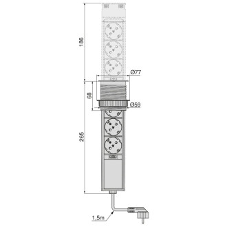 Multiconnecteur Vertikal Push 60, diamètre 60 mm, 3 prises de type Schuko, 1 USB de type A, 1 USB de type C, Acier et plastique, Acier inoxydable