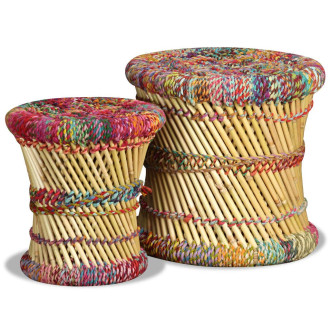 Tabourets avec détails chindi lot de 2 multicolore bambou