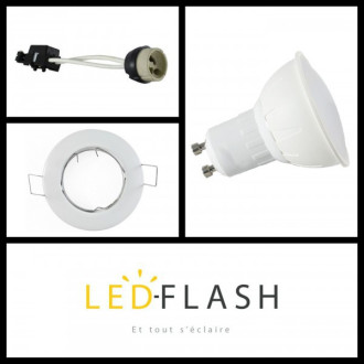 Kit spot led GU10 3 watt (eq. 30 watt) - Douille GU10 domino - Support blanc - Couleur eclairage - Blanc chaud 3000°K, Type Support - Carré orientable 84mm