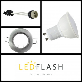 Kit spot led GU10 5 watt (eq. 50 watt) - Douille GU10 domino - Support gris - Couleur eclairage - Blanc chaud 3000°K, Type Support - Rond fixe 78mm
