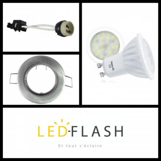 Kit spot led GU10 6 watt céramique - Supportt gris - Couleur eclairage - Blanc chaud 3000°K, Type Support - Carré orientable 84mm