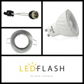 Kit spot led GU10 COB 5 watt (eq. 50 watt) Dimmable - Support gris - Couleur eclairage - Blanc chaud 3000°K, Type Support - Rond orientable 92mm