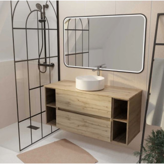 Meuble de salle de bains 120 cm - Décor chêne 2 tiroirs vasque blanche à poser et miroir LED 100x70 - TIMBER Aurlane - PACM845