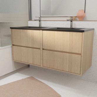 Meuble de salle de bains 120 cm 4 tiroirs chêne clair + Vasque double céramique Noire - XENOS Aurlane - PACM720