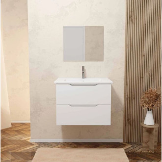 Meuble salle de bain 60cm suspendu 2 tiroirs blanc laqué poignées intégrées vasque et miroir – MILA Aurlane - LAV959