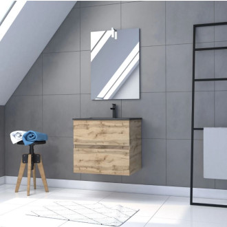 Meuble salle de bain 60x54 - Finition chêne naturel + vasque noire + miroir Led - TIMBER 60 - Pack29 Aurlane - PACM239