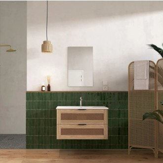 Meuble salle de bain cannage 80cm décor bois et cannage - 2 tiroirs vasque et miroir - APOLLINE Aurlane - LAV1040