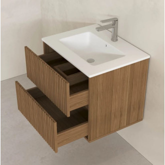 Meuble salle de bains 60cm 2 Tiroirs décor chêne et noir cranté - Vasque blanche mate - YUKI Aurlane - PACM898