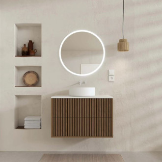 Meuble salle de bains 80 2 tiroirs décor chêne et Noir - Vasque et plan Blancs - Miroir LED 70 - YUKI Aurlane - PACM886