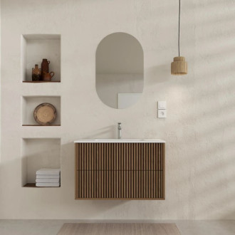 Meuble salle de bains YUKI 60 - 2 Tiroirs décor chêne et noir - Vasque Blanche - Miroir ovale 50x80 - YUKI Aurlane - PACM882