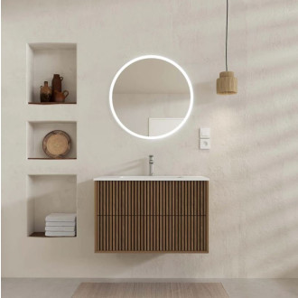 Meuble salle de bains YUKI 80 - 2 Tiroirs décor chêne et noir - Vasque Blanche - Miroir LED 70 - YUKI Aurlane - PACM880